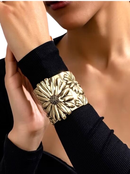 Boutique Item Jewelry - Gold Floral Daisy Cuff Bracelet Raised Design Adjustable